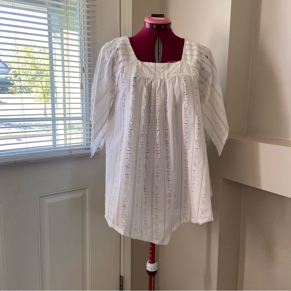 Handmade women white cotton brown stripes top. Size M. Pre-owned.